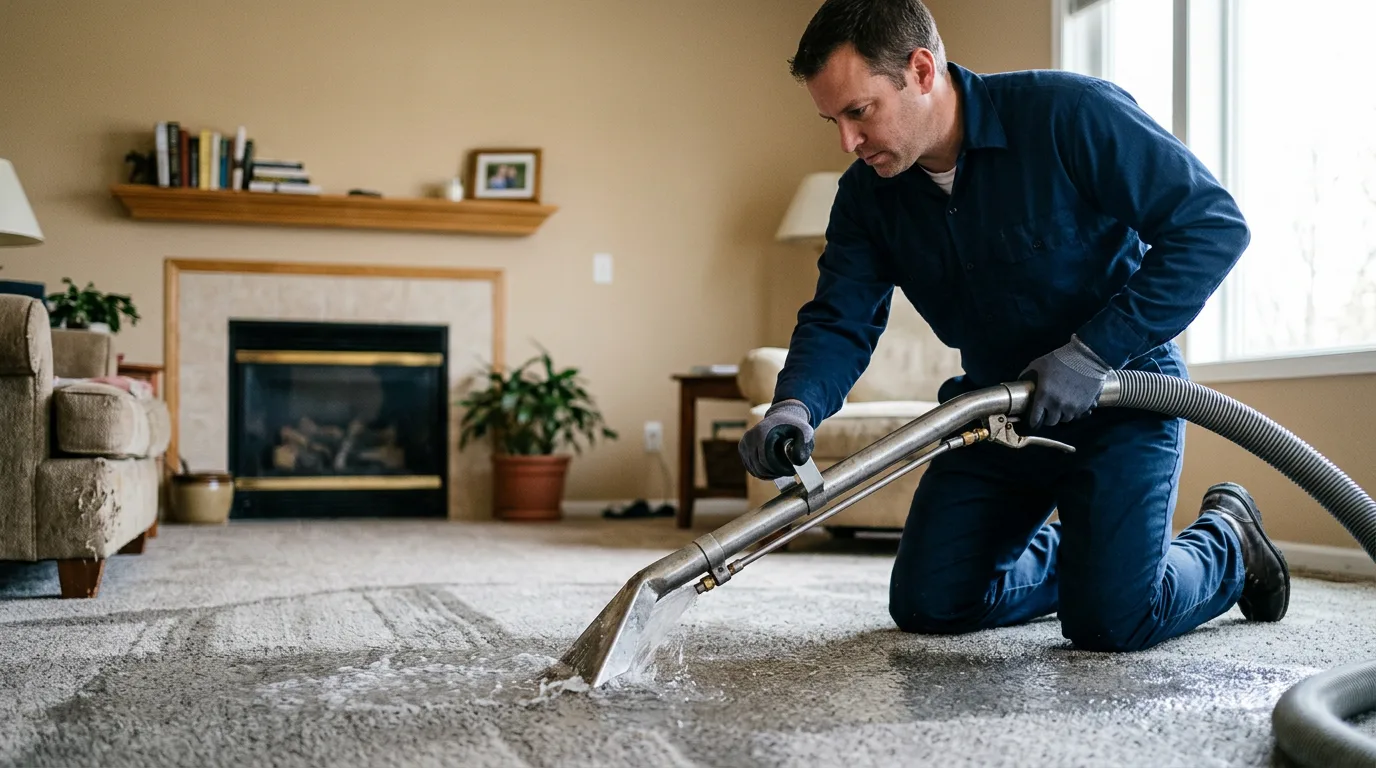 Water damage restoration technician working in a home in Kansas